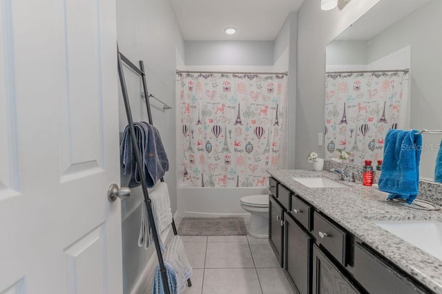 full bathroom with shower / bath combination with curtain, toilet, vanity, and tile patterned flooring