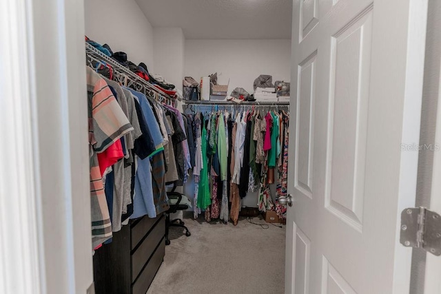 walk in closet featuring light colored carpet