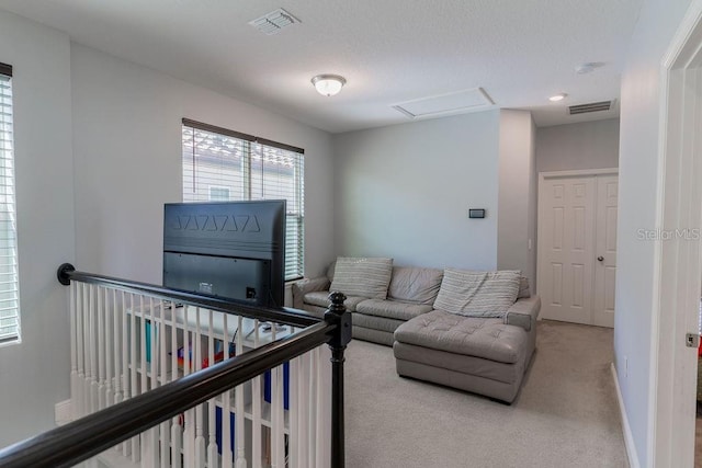 living room featuring light carpet