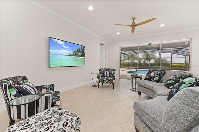 tiled living room featuring ceiling fan and ornamental molding