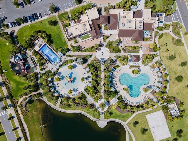 aerial view featuring a water view