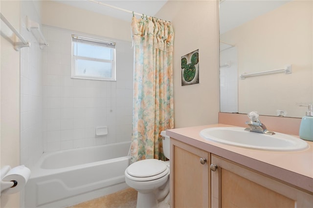 full bathroom with vanity, shower / bath combination with curtain, and toilet