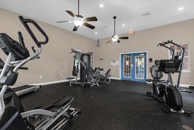 exercise room featuring visible vents, baseboards, ceiling fan, recessed lighting, and french doors