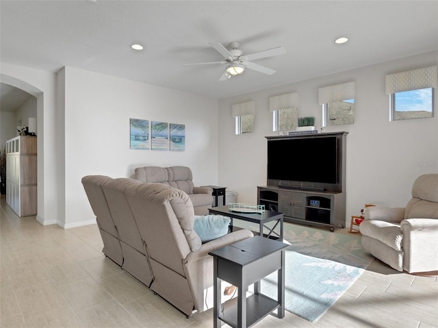 living room with ceiling fan