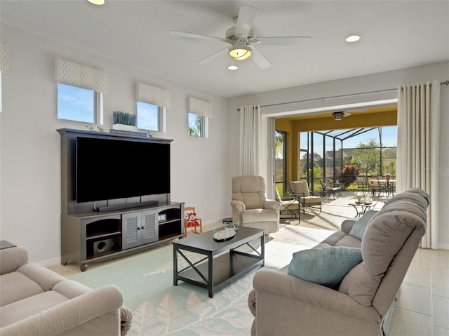 living room featuring ceiling fan