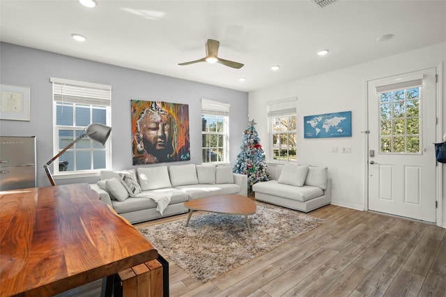 living room featuring ceiling fan, plenty of natural light, and light wood-type flooring