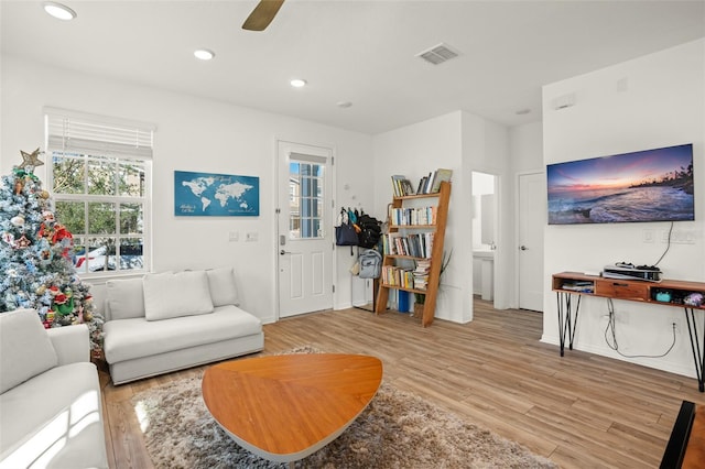 living room with ceiling fan and light hardwood / wood-style floors