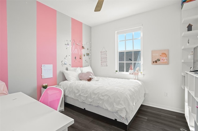 bedroom featuring ceiling fan and dark wood-type flooring