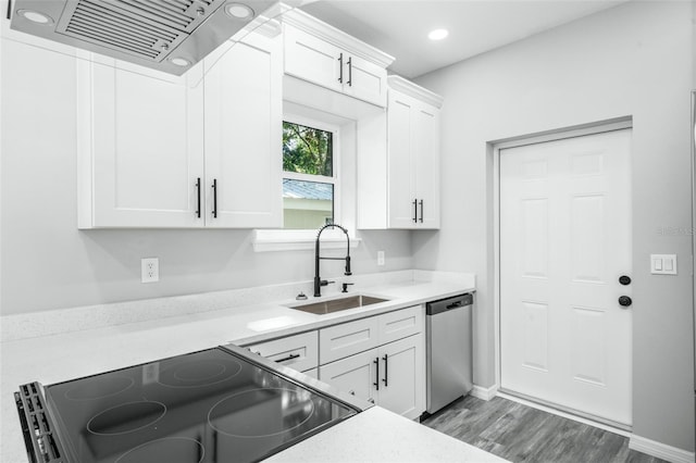 kitchen with stove, ventilation hood, white cabinets, sink, and stainless steel dishwasher