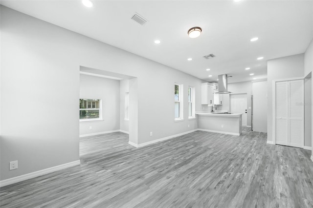 unfurnished living room featuring light hardwood / wood-style flooring, a wealth of natural light, and sink