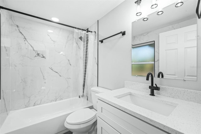 full bathroom with vanity, shower / bathtub combination with curtain, and toilet