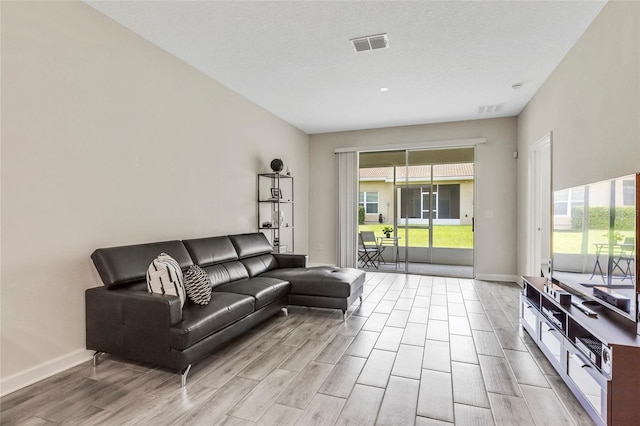 living room with a textured ceiling