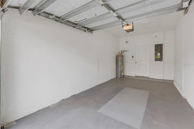 garage with electric panel, water heater, and a garage door opener