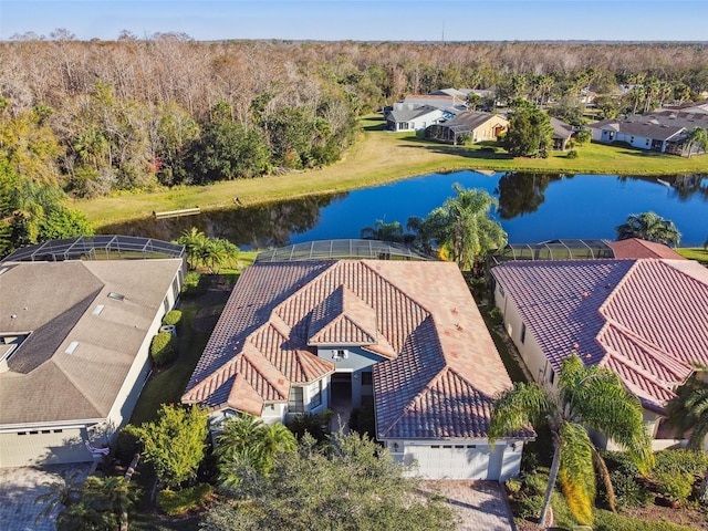 drone / aerial view featuring a water view