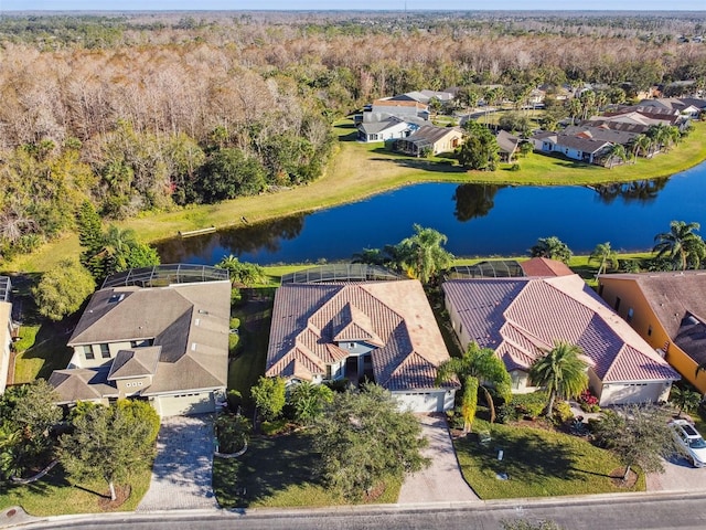 bird's eye view with a water view