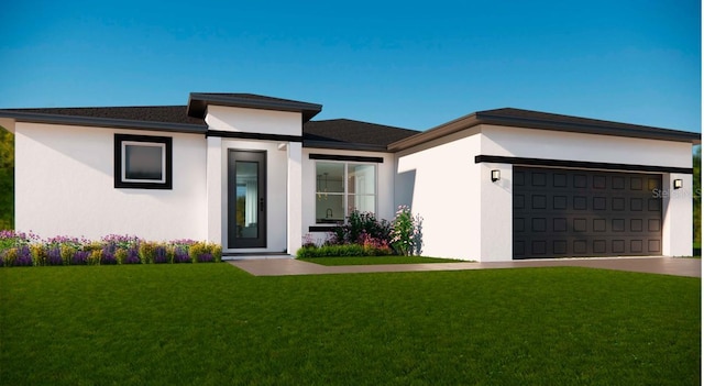 prairie-style home with a garage and a front lawn