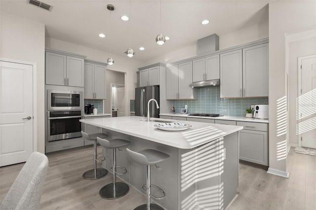 kitchen with decorative backsplash, stainless steel appliances, a center island with sink, gray cabinets, and hanging light fixtures