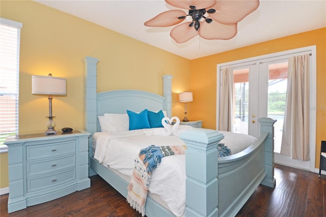 bedroom with ceiling fan, dark hardwood / wood-style flooring, access to exterior, and french doors