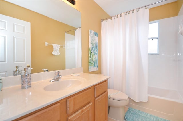 full bathroom with tile patterned floors, vanity, toilet, and shower / bathtub combination with curtain