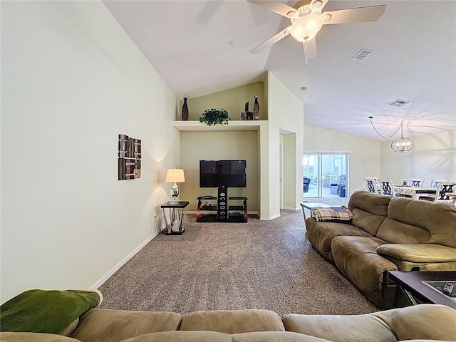 carpeted living room featuring vaulted ceiling and ceiling fan with notable chandelier