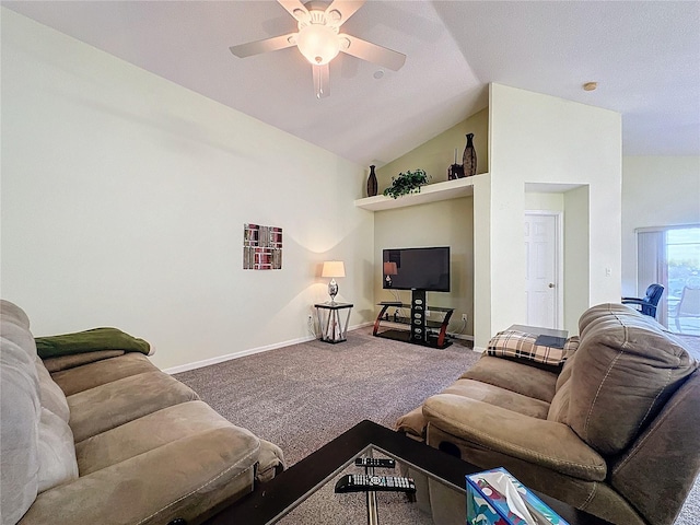 living room featuring ceiling fan, carpet, and lofted ceiling