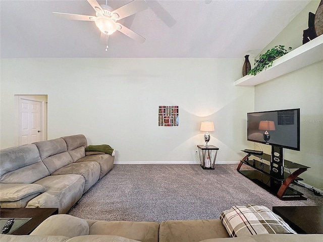 living room featuring carpet flooring and ceiling fan