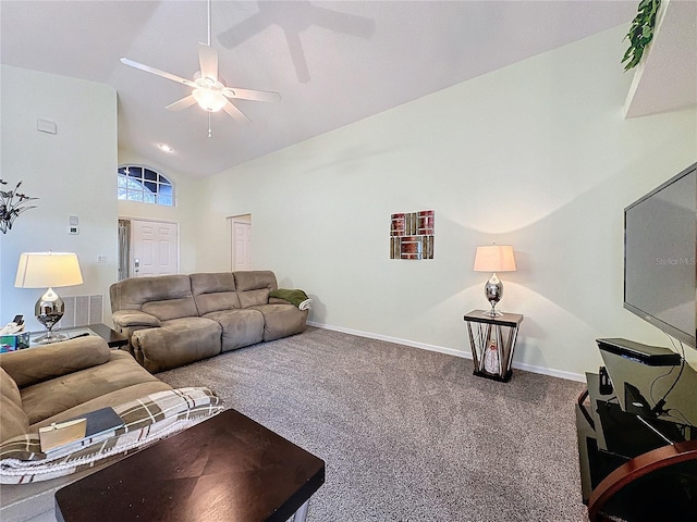 living room featuring carpet flooring, high vaulted ceiling, and ceiling fan