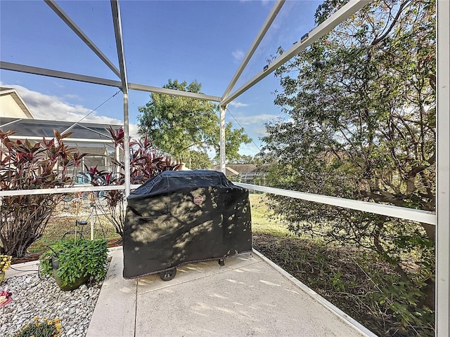 view of patio / terrace with glass enclosure and grilling area