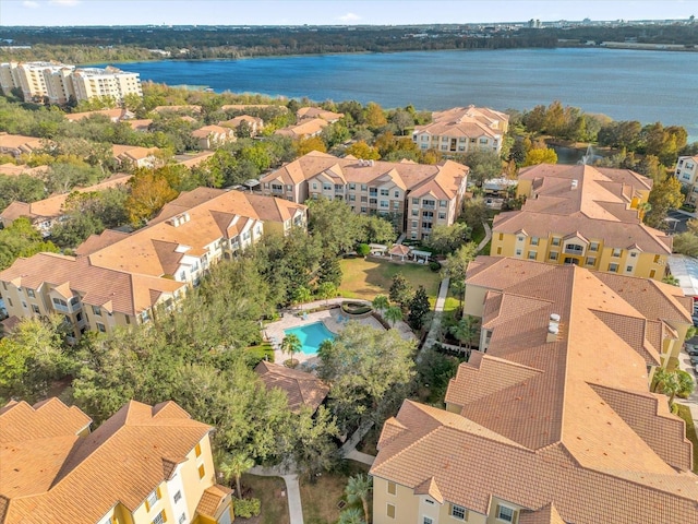 drone / aerial view with a water view