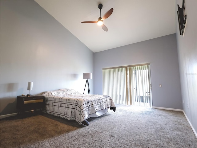 carpeted bedroom featuring ceiling fan and high vaulted ceiling