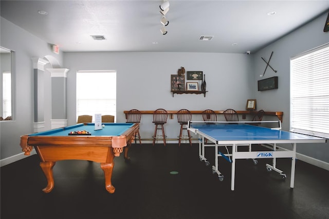 playroom featuring rail lighting and pool table