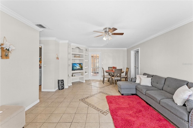 tiled living room with ceiling fan and crown molding