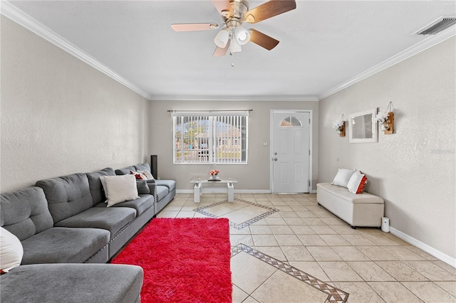 tiled living room with crown molding and ceiling fan