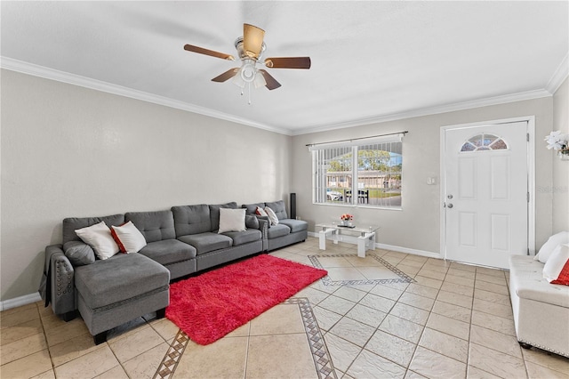 tiled living room featuring crown molding and ceiling fan