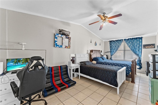 bedroom with ceiling fan, light tile patterned flooring, lofted ceiling, and ornamental molding