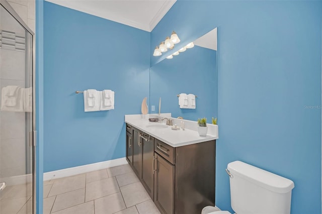 bathroom featuring toilet, a shower with door, tile patterned flooring, ornamental molding, and vanity