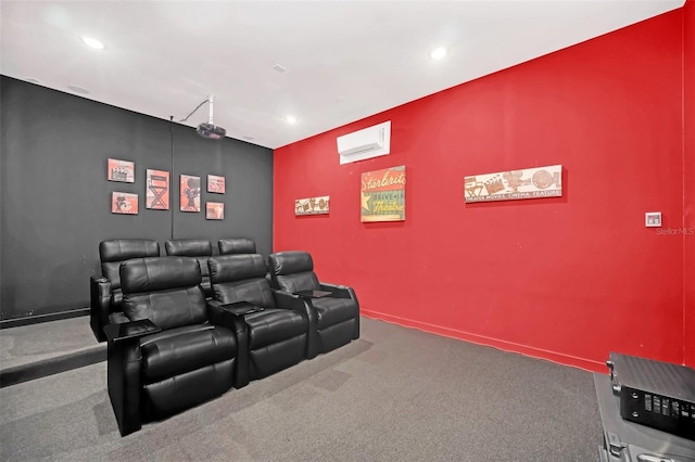 home theater featuring a wall mounted air conditioner and carpet flooring