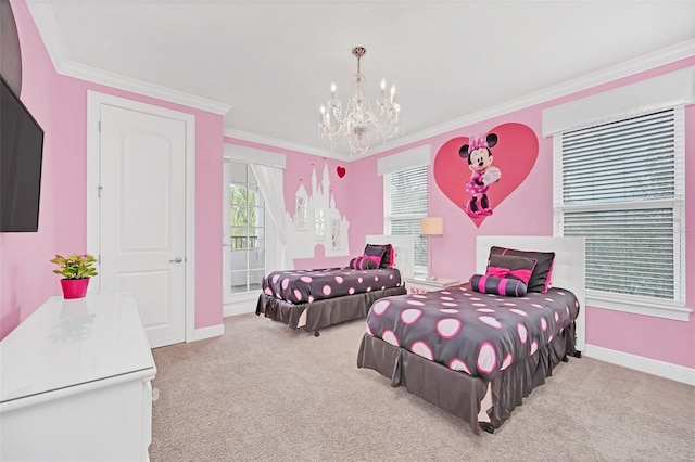 bedroom featuring multiple windows, carpet, and crown molding