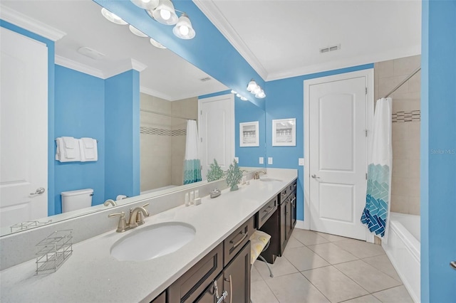 full bathroom with tile patterned floors, vanity, ornamental molding, and shower / tub combo