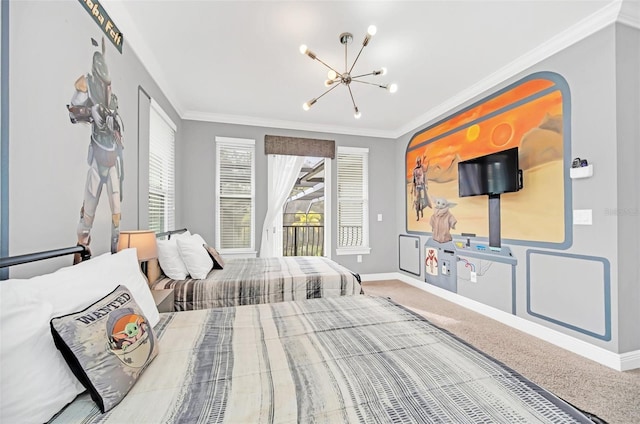 carpeted bedroom with an inviting chandelier, crown molding, and access to outside