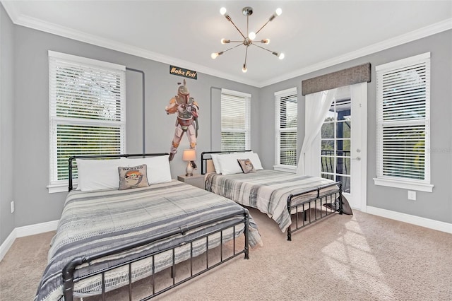 carpeted bedroom featuring access to exterior, crown molding, and an inviting chandelier