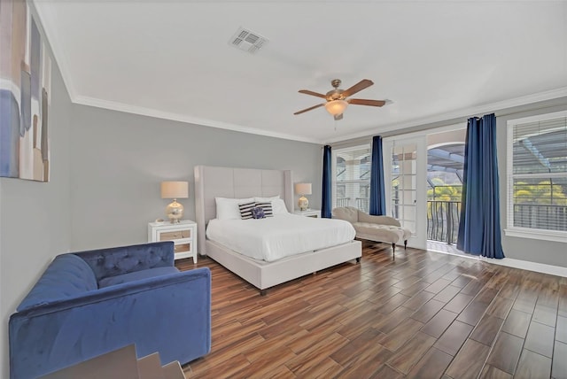 bedroom with access to exterior, ornamental molding, french doors, and ceiling fan