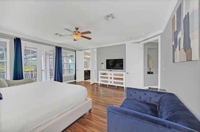 bedroom with crown molding, ceiling fan, dark hardwood / wood-style floors, ensuite bathroom, and access to outside