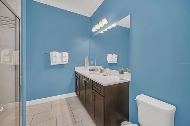 bathroom with an enclosed shower, vanity, ornamental molding, tile patterned floors, and toilet