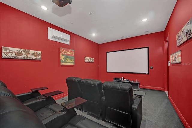 carpeted home theater with an AC wall unit