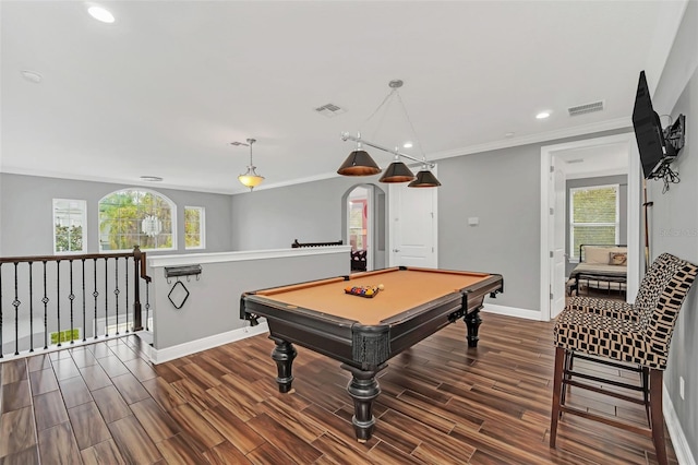 game room featuring crown molding, plenty of natural light, and pool table