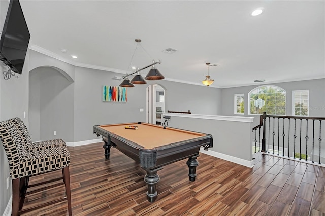 recreation room with billiards and ornamental molding