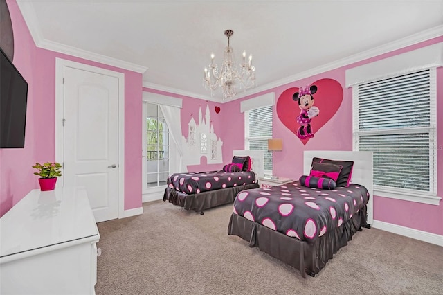 bedroom with multiple windows, ornamental molding, and carpet flooring