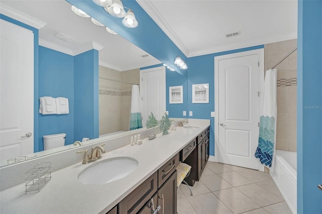 full bathroom featuring shower / tub combo, vanity, crown molding, and tile patterned floors