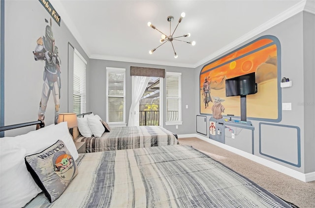 bedroom with an inviting chandelier, crown molding, access to outside, and carpet